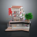Model Building Multi Level With Red Roof White Walls And Tree Display Structure