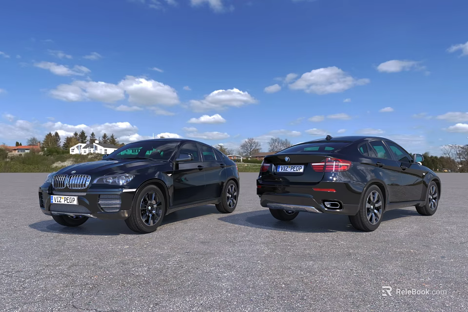 Black SUV Cars Parked On Open Ground With Blue Sky White Clouds 3d model 