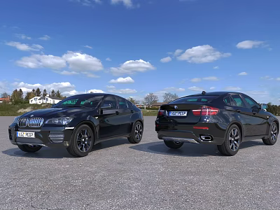 Black SUV Cars Parked On Open Ground With Blue Sky White Clouds 3d model