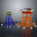 Blue And Orange Tower Structures With Top Platforms Helicopter And White Base Supports 3d model