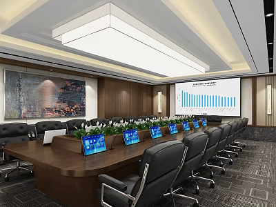 Modern Conference Room Interior With Long Table Black Chairs Laptops Projection Screen And Wall Painting 3d model