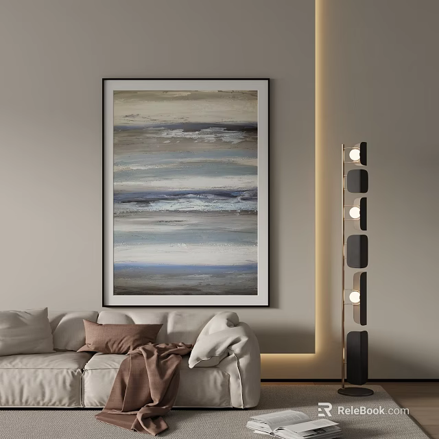 Abstract Blue Gray Landscape Painting In Modern Living Room With Sofa And Floor Lamp 3d model 