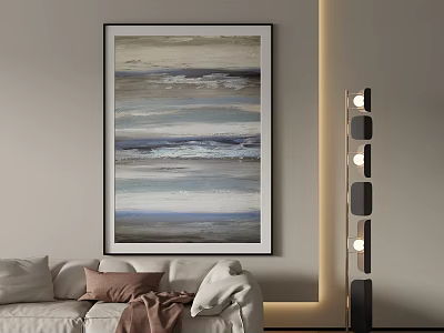 Abstract Blue Gray Landscape Painting In Modern Living Room With Sofa And Floor Lamp 3d model