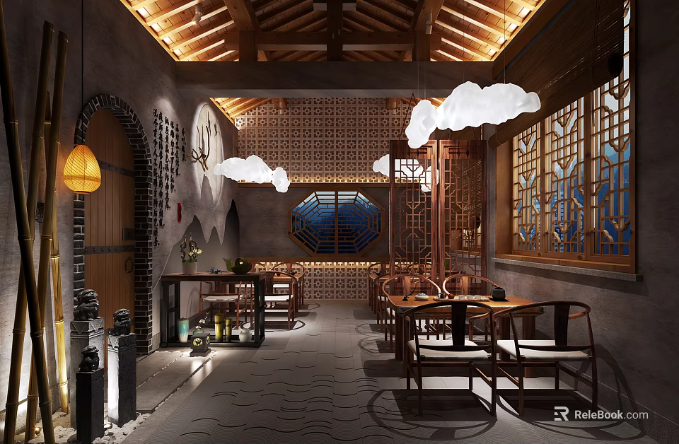 Traditional Chinese Teahouse Interior Design With Wooden Furniture Carved Windows And Lanterns 3d model 