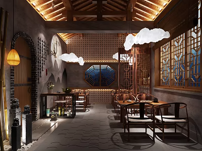 Traditional Chinese Teahouse Interior Design With Wooden Furniture Carved Windows And Lanterns 3d model