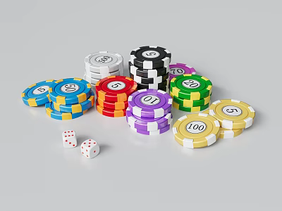Colorful Poker Chips with Numbers and Dice for Card Game Entertainment 3d model