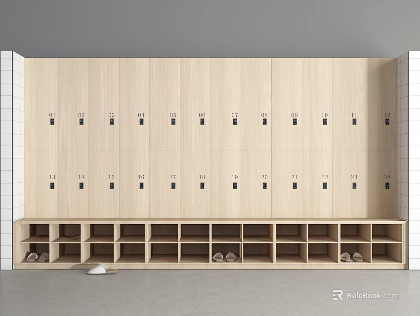 Light Wood Storage Lockers With Multiple Compartments Metal Locks And Lower Shelves 3d model