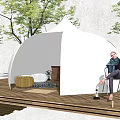 White Dome Tent on Wooden Outdoor Deck with String Lights Trees and Chairs for Cozy Camping