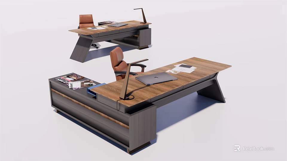 Modern Office Desk With Wooden Tabletop And Brown Office Chair Laptop Documents Magazines 3d model 
