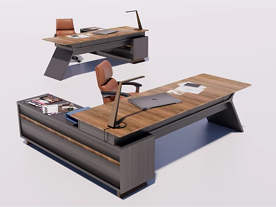 Modern Office Desk With Wooden Tabletop And Brown Office Chair Laptop Documents Magazines 3d model