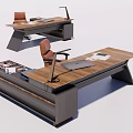Modern Office Desk With Wooden Tabletop And Brown Office Chair Laptop Documents Magazines