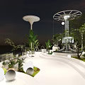 Modern Outdoor Scene With White Umbrella Like Structures Green Plants Water Reflections And Sunset Sky 3d model