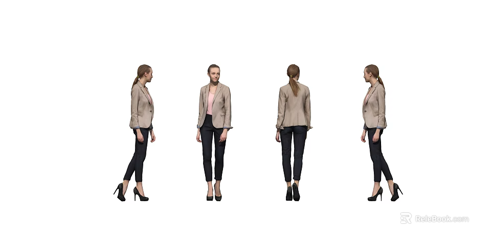 Woman in Beige Blazer Pink Top Black Pants and High Heels Displayed from Four Angles 3d model 