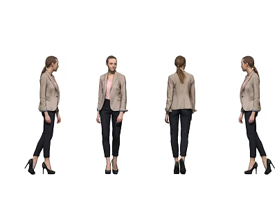 Woman in Beige Blazer Pink Top Black Pants and High Heels Displayed from Four Angles 3d model