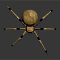 Golden Mechanical Spider Game Movie Character With Spherical Body Red Eyes Metallic Legs Reflective Surface