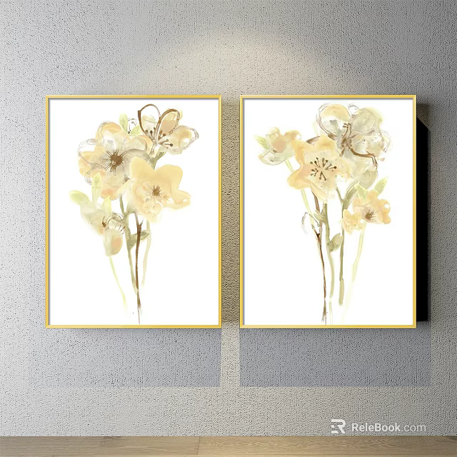 Elegant Botanical Paintings with Yellow Flowers Green Leaves in Golden Frames for Wall Decor 3d model 