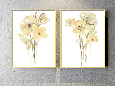 Elegant Botanical Paintings with Yellow Flowers Green Leaves in Golden Frames for Wall Decor 3d model