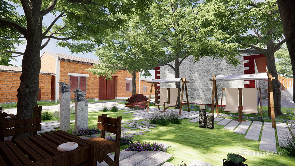 Tranquil Courtyard Garden Featuring Green Lawn Trees Stone Seating Swing And Pathway 3d model 