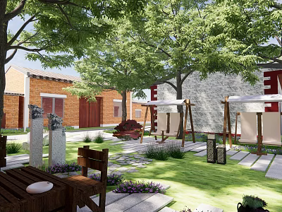 Tranquil Courtyard Garden Featuring Green Lawn Trees Stone Seating Swing And Pathway 3d model