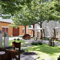 Tranquil Courtyard Garden Featuring Green Lawn Trees Stone Seating Swing And Pathway