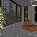 Modern Living Room Large Windows With Elegant Blinds Brown Leather Sofa Greenery And Wooden Shelves