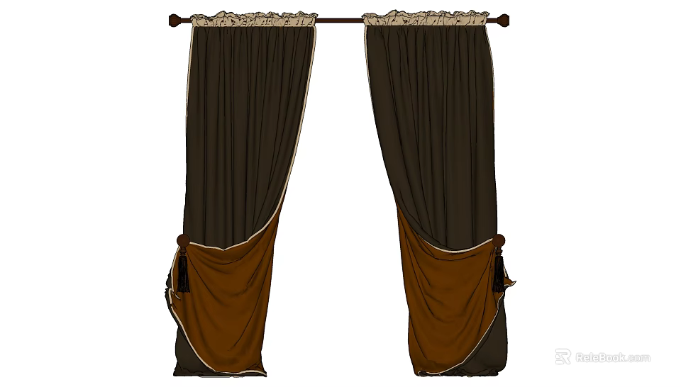 Dark Brown Curtains with Decorative Trim and Brown Tiebacks for Home Window Decoration 3d model 
