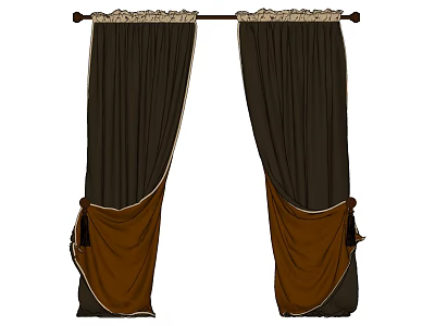 Dark Brown Curtains with Decorative Trim and Brown Tiebacks for Home Window Decoration 3d model