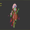 Vibrant Game Anime Character With Golden Hair Red Pink Kimono Golden Headdress And Fringe Decorations