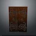 Vintage Wooden Double Doors With Intricate Metal Scrollwork And Handles