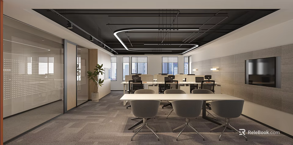 Modern Open Public Office Space Interior With Desks Chairs Lighting And Windows 3d model 