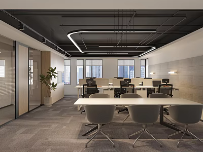 Modern Open Public Office Space Interior With Desks Chairs Lighting And Windows 3d model