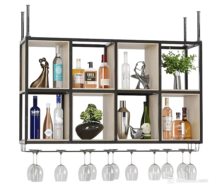 Modern Wine Cabinet With Open Compartments Wine Bottles Hanging Glasses And Decorative Plants 3d model 