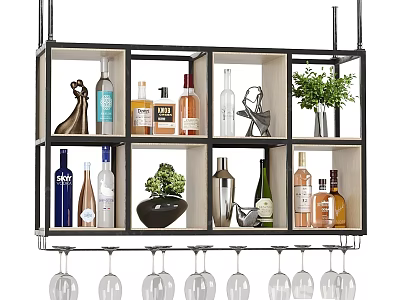 Modern Wine Cabinet With Open Compartments Wine Bottles Hanging Glasses And Decorative Plants 3d model