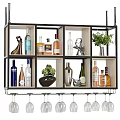 Modern Wine Cabinet With Open Compartments Wine Bottles Hanging Glasses And Decorative Plants