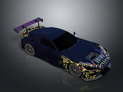 Dark Blue Racing Car With Purple Rear Spoiler And Colorful Decals Design 3d model