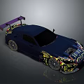 Dark Blue Racing Car With Purple Rear Spoiler And Colorful Decals Design