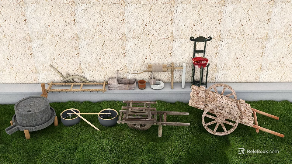 Artistic Garden Accents Display With Wooden Cart Tools And Decorative Pots 3d model 