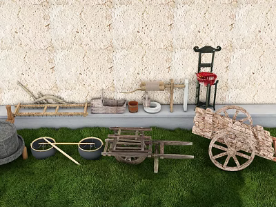 Artistic Garden Accents Display With Wooden Cart Tools And Decorative Pots 3d model
