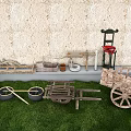 Artistic Garden Accents Display With Wooden Cart Tools And Decorative Pots