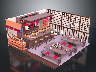 Cartoon Scene of Japanese Restaurant with Counter Stools Tables and Traditional Decorations 3d model