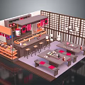 Cartoon Scene of Japanese Restaurant with Counter Stools Tables and Traditional Decorations