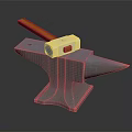 Metal Anvil With Red Handled Hammer Sturdy Blacksmith Tool On Dark Surface 3d model