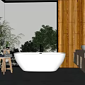 Modern Hotel Bathroom With White Bathtub Double Sinks Wooden Walls Large Window And Greenery View