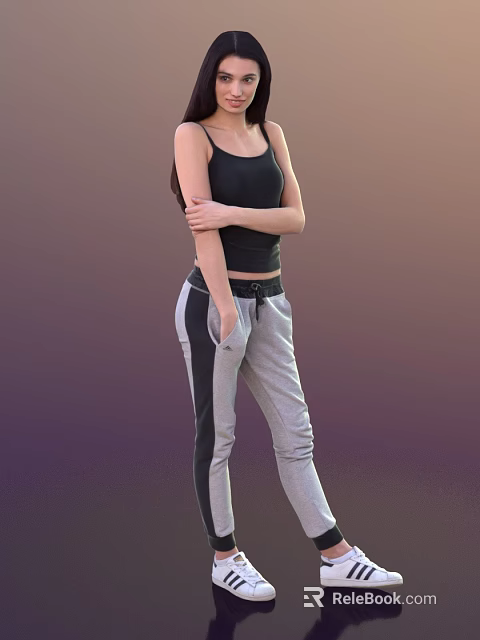 Woman in Black Tank Top and Gray Sweatpants Standing with Arms Crossed 3d model 