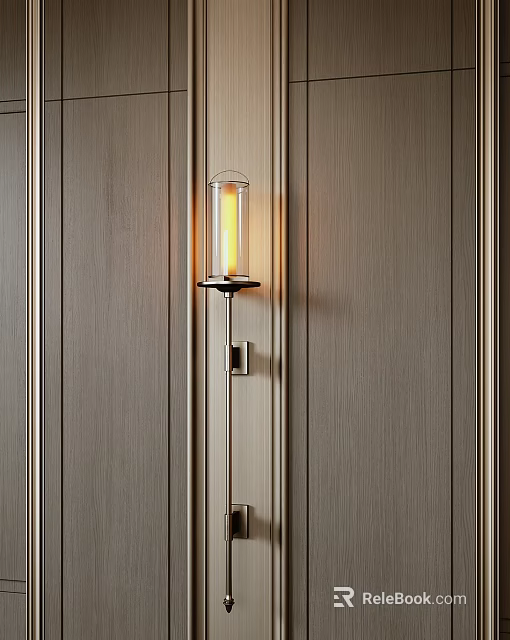 Modern Wall Lamp With Clear Glass Shade And Warm Yellow Light On Wooden Panel Wall 3d model 