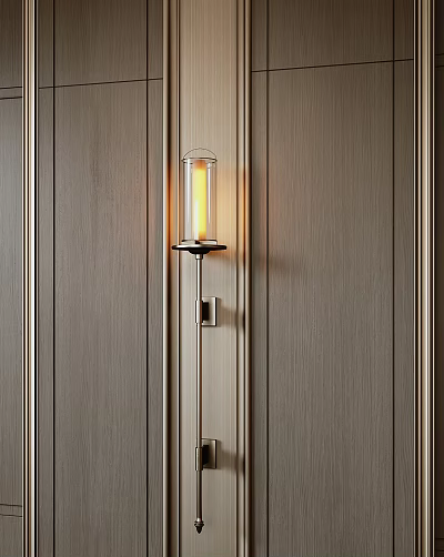 Modern Wall Lamp With Clear Glass Shade And Warm Yellow Light On Wooden Panel Wall 3d model