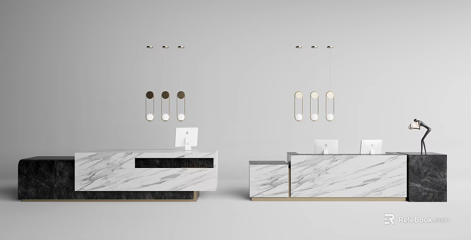 Modern Reception Desk Interior With Marble Surface Pendant Lights And Computers 3d model 