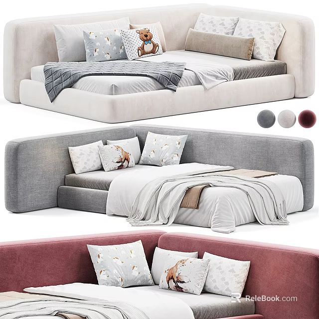 Modern Kids Bed With Soft Upholstered Design Grey Pink Beige And Animal Print Pillows 3d model 