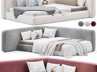 Modern Kids Bed With Soft Upholstered Design Grey Pink Beige And Animal Print Pillows 3d model