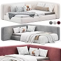 Modern Kids Bed With Soft Upholstered Design Grey Pink Beige And Animal Print Pillows